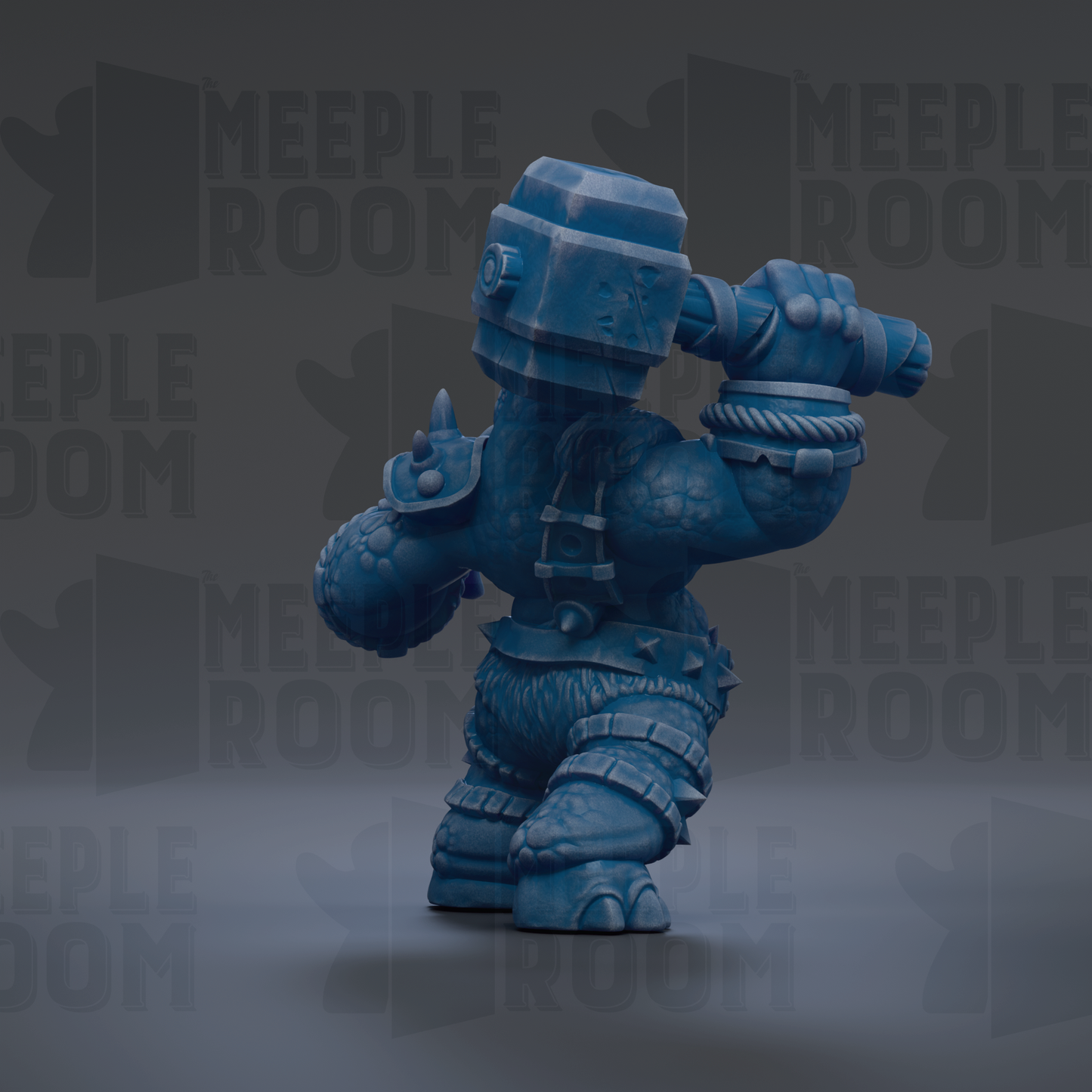 A blue, armored character with a hammer in its hand, standing in a dark environment with the text "MEUPLE ROOM" repeated multiple times in the background.