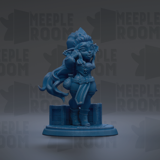 A blue figurine of a character with a pointed hat and flowing hair, standing on a base with a shield and a sword.