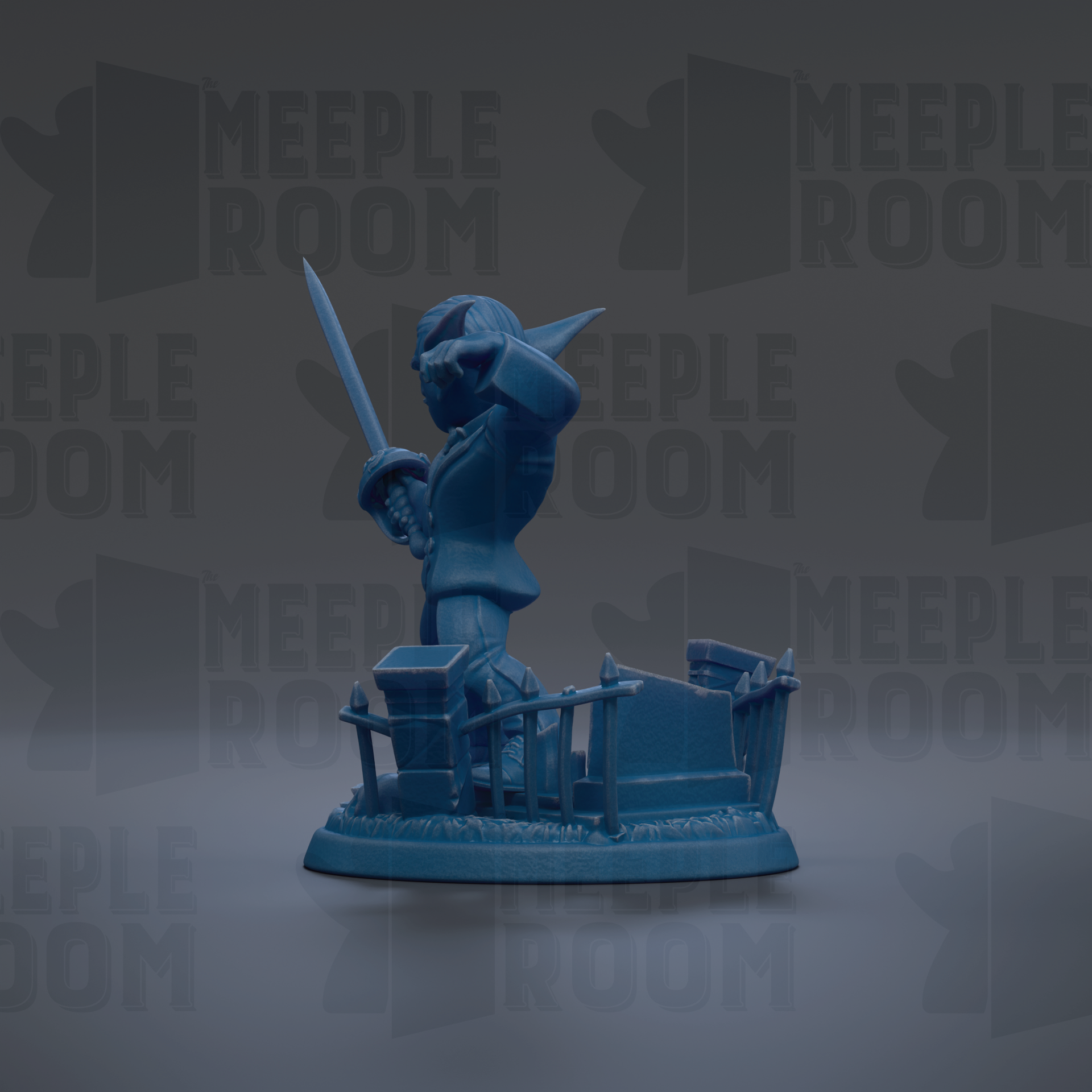 A blue figurine of a character holding a sword, standing on a platform with a fence and a small structure in front of it.