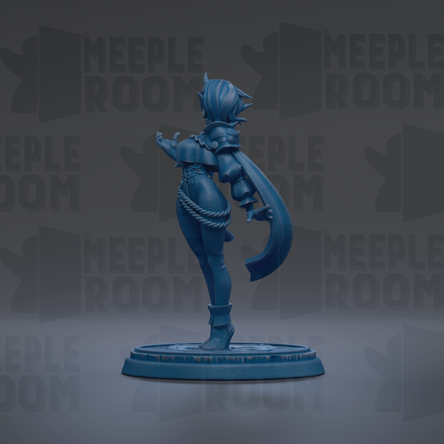 A blue figurine of a person standing on a platform against a dark background with repeated text.