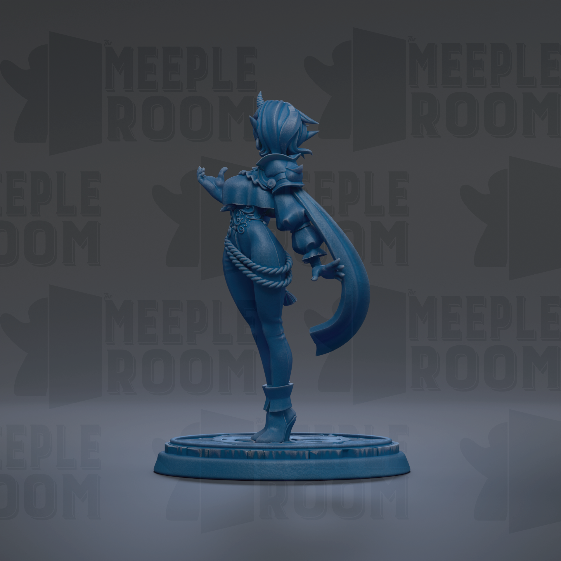 A blue figurine of a person standing on a platform against a dark background with repeated text.