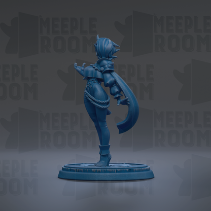 A blue figurine of a person standing on a platform against a dark background with repeated text.