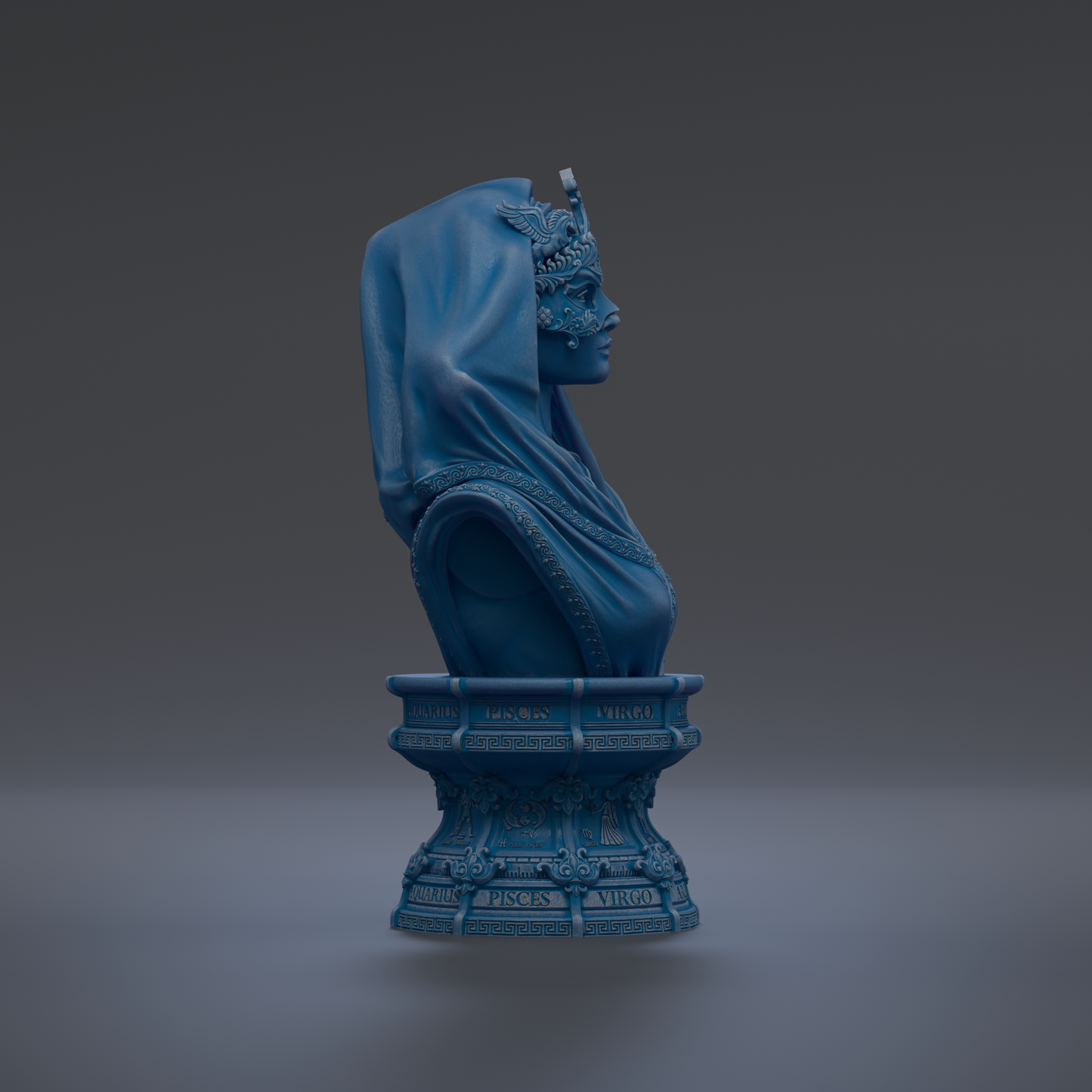 A blue bust of a woman with a headdress, sitting on a pedestal with Latin inscriptions.