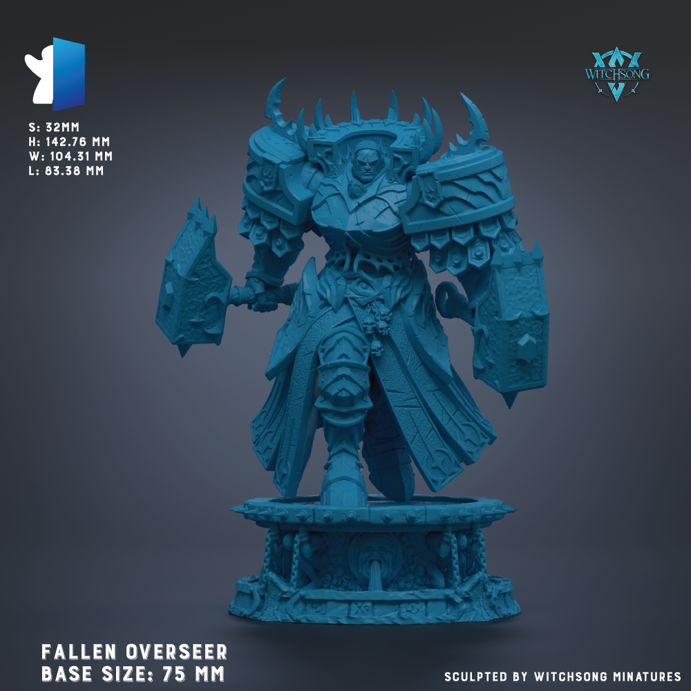 The image is a 3D model of a fallenoverser, a type of armored warrior, in a blue color. The model is described as a fallenoverser base size of 75 mm, and it is sculpted by Witchesong Miniatures.