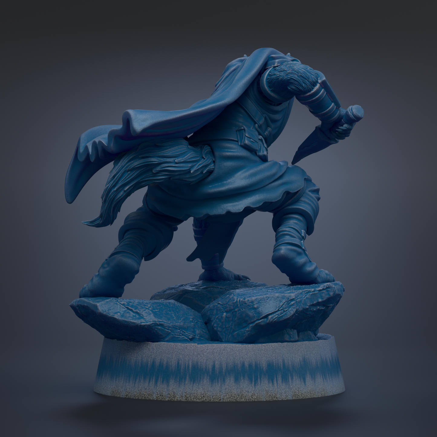 A blue statue of a person in a fighting stance, holding a weapon and standing on a rock.