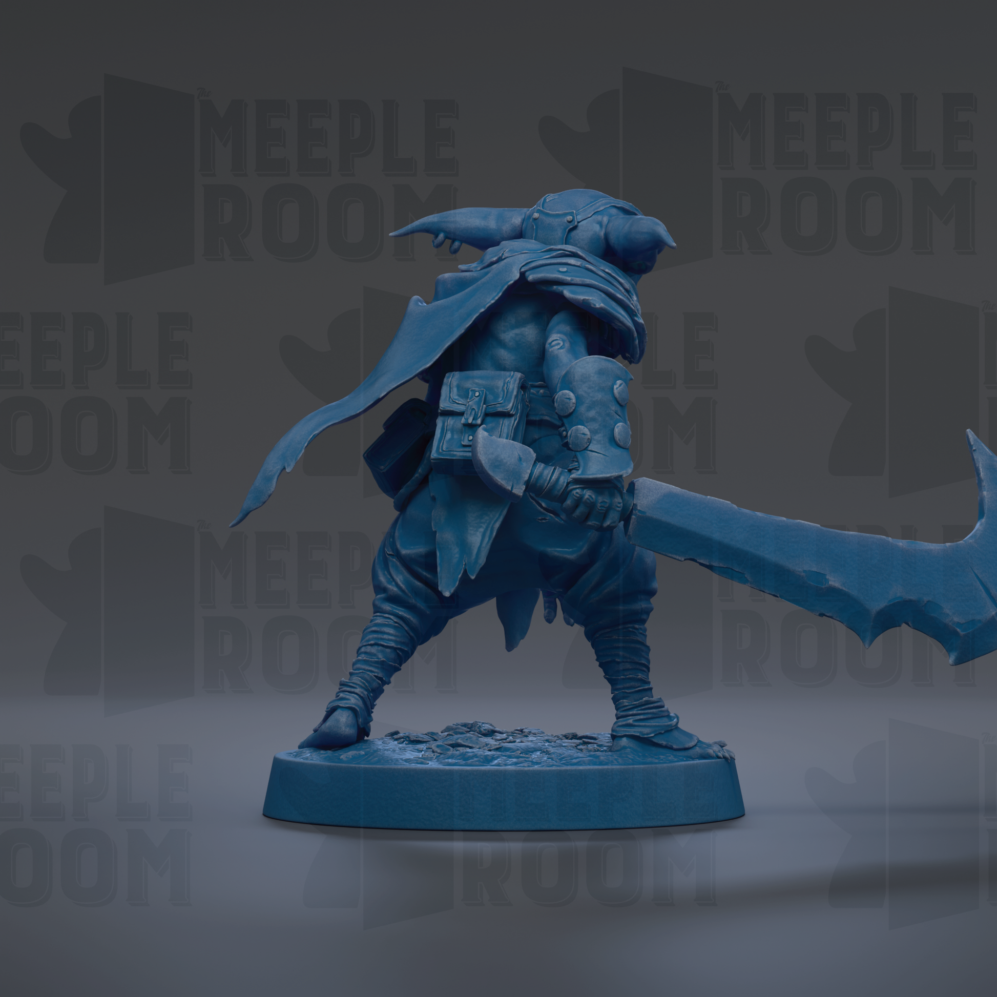 A blue figurine of a warrior wielding a sword and shield, standing on a base and facing to the right.