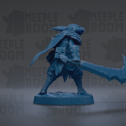 A blue figurine of a warrior wielding a sword and shield, standing on a base and facing to the right.
