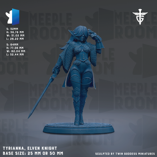 a figurine of a female character, specifically a knight, with a sword in her hand. The figurine is described as a base size of 25mm or 50mm. It is sculpted by Twin Goddesses miniatures.