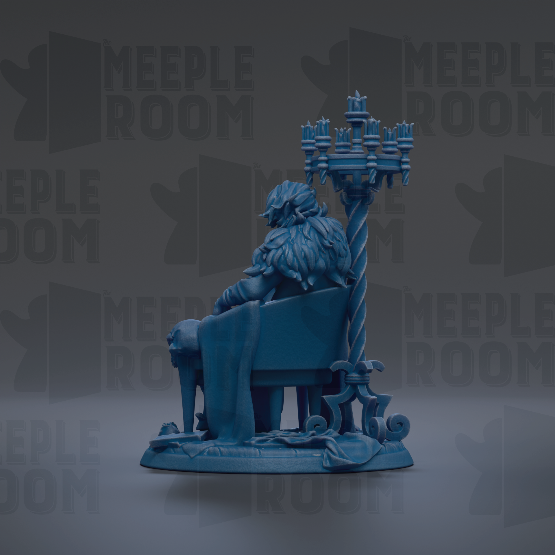 A blue statue of a seated figure with a large, ornate chandelier on their lap, set against a dark background with repeated "MEIPLE ROOM" text.