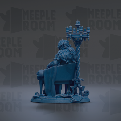 A blue statue of a seated figure with a large, ornate chandelier on their lap, set against a dark background with repeated "MEIPLE ROOM" text.