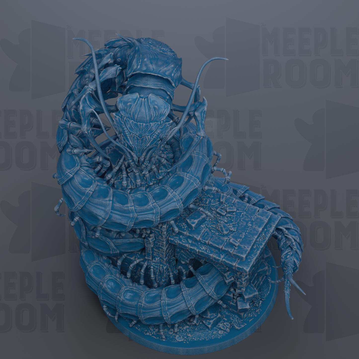 A detailed 3D rendering of a blue, metallic creature resembling a snake or cobra, with intricate patterns and textures.