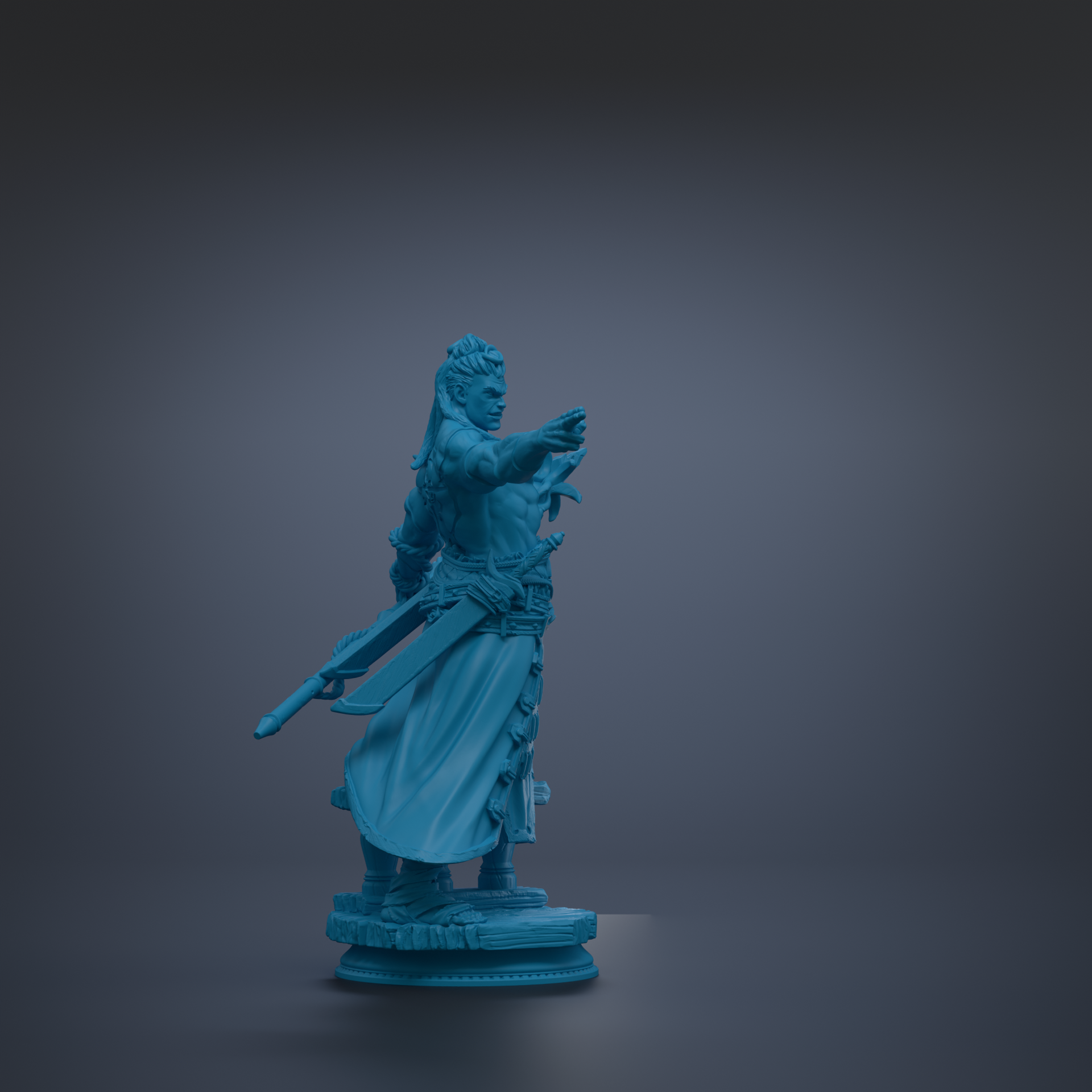 A blue statue of a person with a sword and a crown, standing on a pedestal against a dark background.
