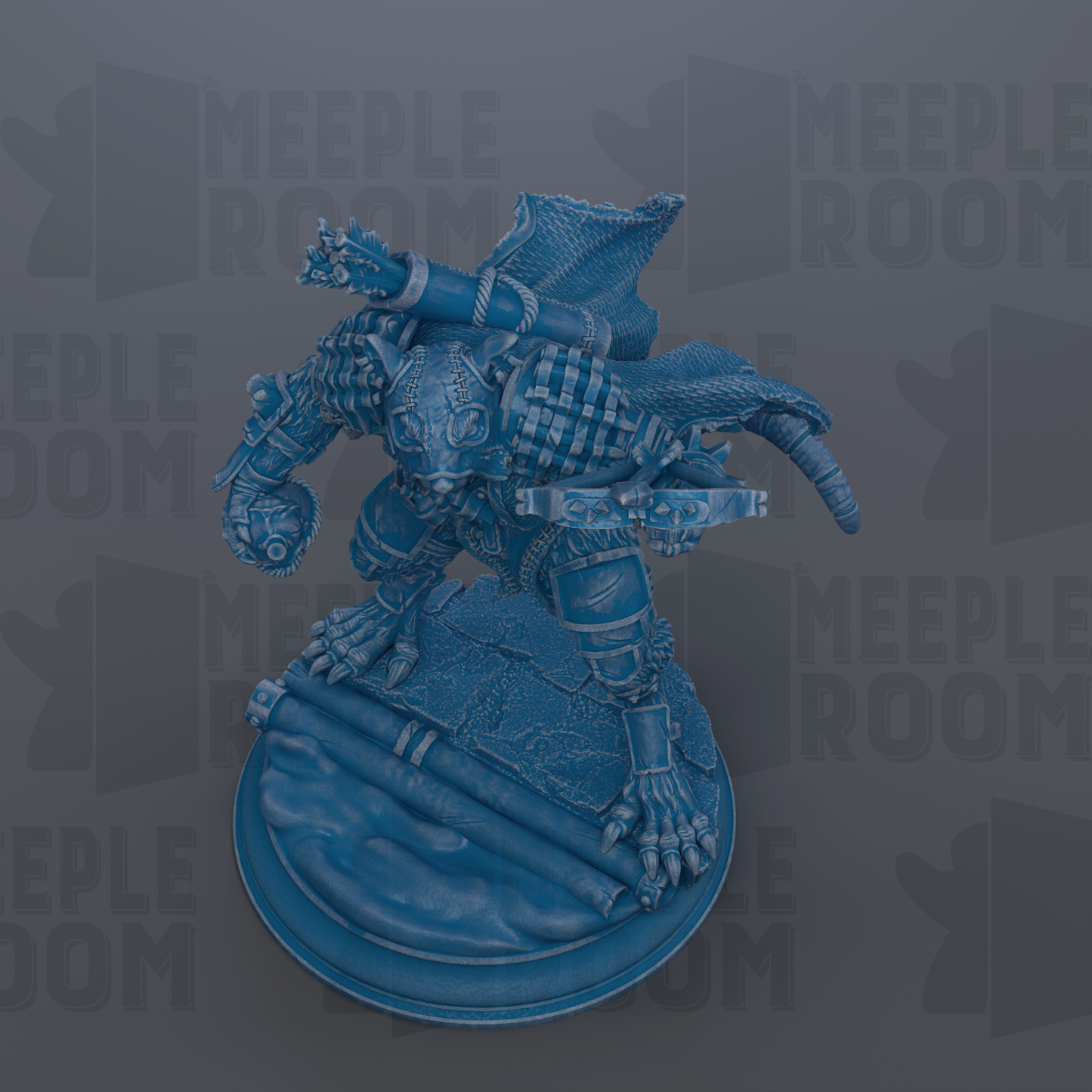 A 3D rendering of a blue, armored figure with a sword and shield, standing on a platform.
