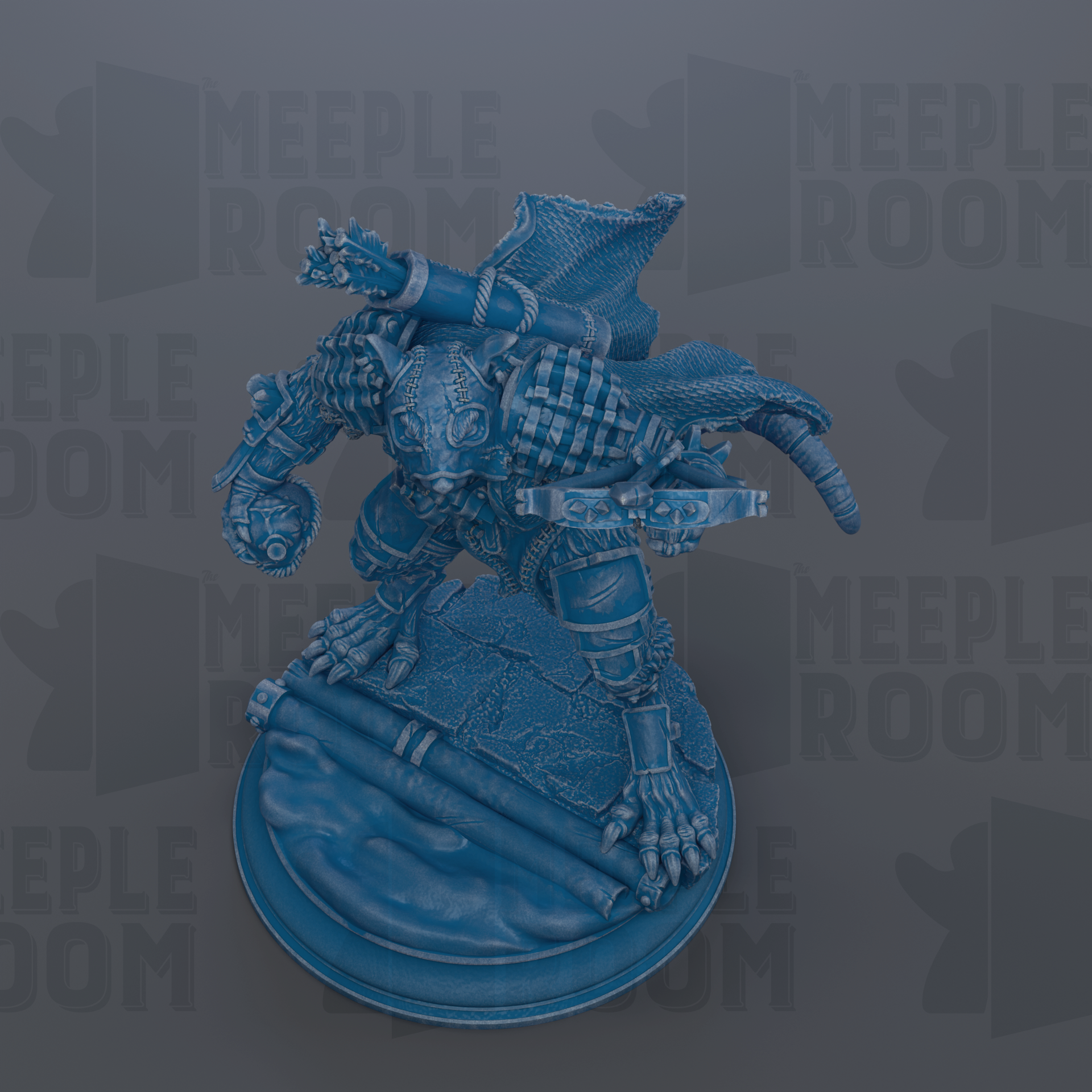 A 3D rendering of a blue, armored figure with a sword and shield, standing on a platform.