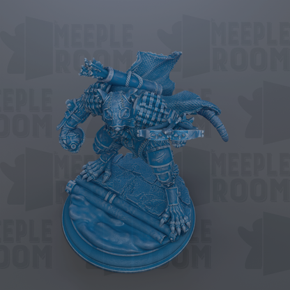 A 3D rendering of a blue, armored figure with a sword and shield, standing on a platform.