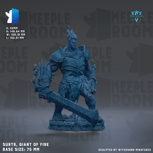 a large, blue, armored warrior figure wielding a sword and shield, standing on a base. The figure is described as "Giant of Fire" and "Surtr." The base size is 75 mm. The image is a sculpted piece by Witchesong Miniatures.