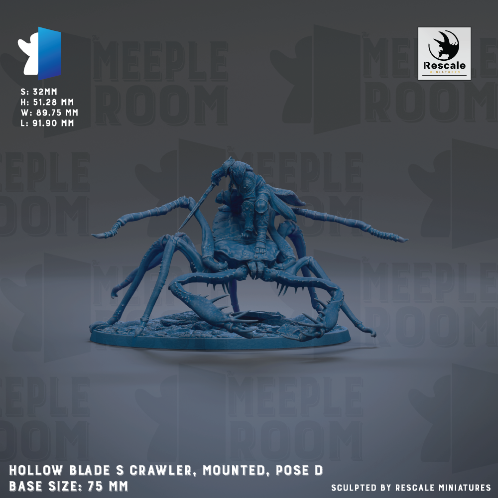 The image is a 3D rendering of a blue, metallic figurine of a crawler or spider-like creature, mounted on a base and posed in a dynamic, action-like manner. The figurine is described as a "HOLOW BLADE S CRAWLER, MOUNTED, POSE D" and is shown in a size of "75 MM". The image is a 3D rendering of a figurine, not a photograph or a painting.