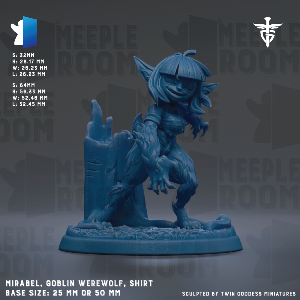 The image is a figurine of a werewolf-like creature, specifically a dragon-like creature with a human-like appearance. The figurine is blue in color and is placed on a base that is either 25mm or 50mm in size. The figurine is described as a "Meeple Room" and is sculpted by "Twin goddesses". The base size of the figurine is either 25mm or 50mm.