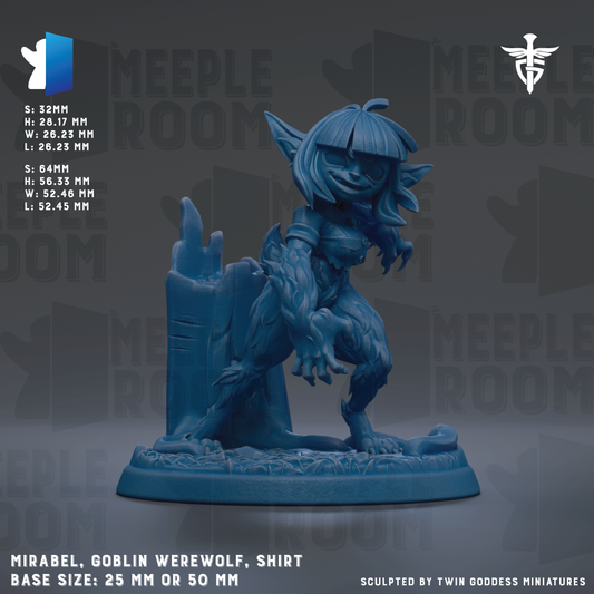 The image is a figurine of a werewolf-like creature, specifically a dragon-like creature with a human-like appearance. The figurine is blue in color and is placed on a base that is either 25mm or 50mm in size. The figurine is described as a "Meeple Room" and is sculpted by "Twin goddesses". The base size of the figurine is either 25mm or 50mm.