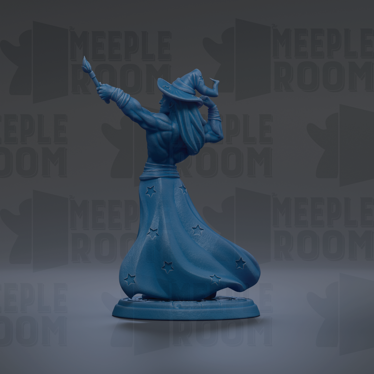 A blue figurine of a wizard with a flowing robe and hat, holding a wand, is the central focus of the image.