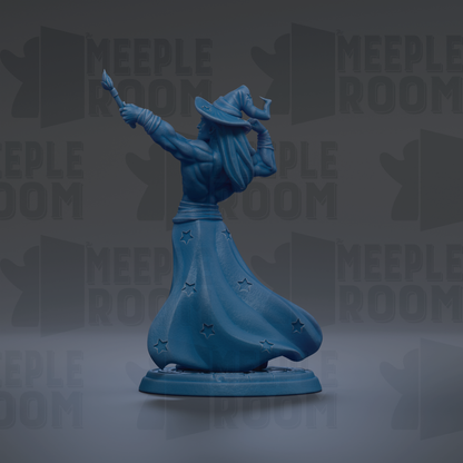 A blue figurine of a wizard with a flowing robe and hat, holding a wand, is the central focus of the image.