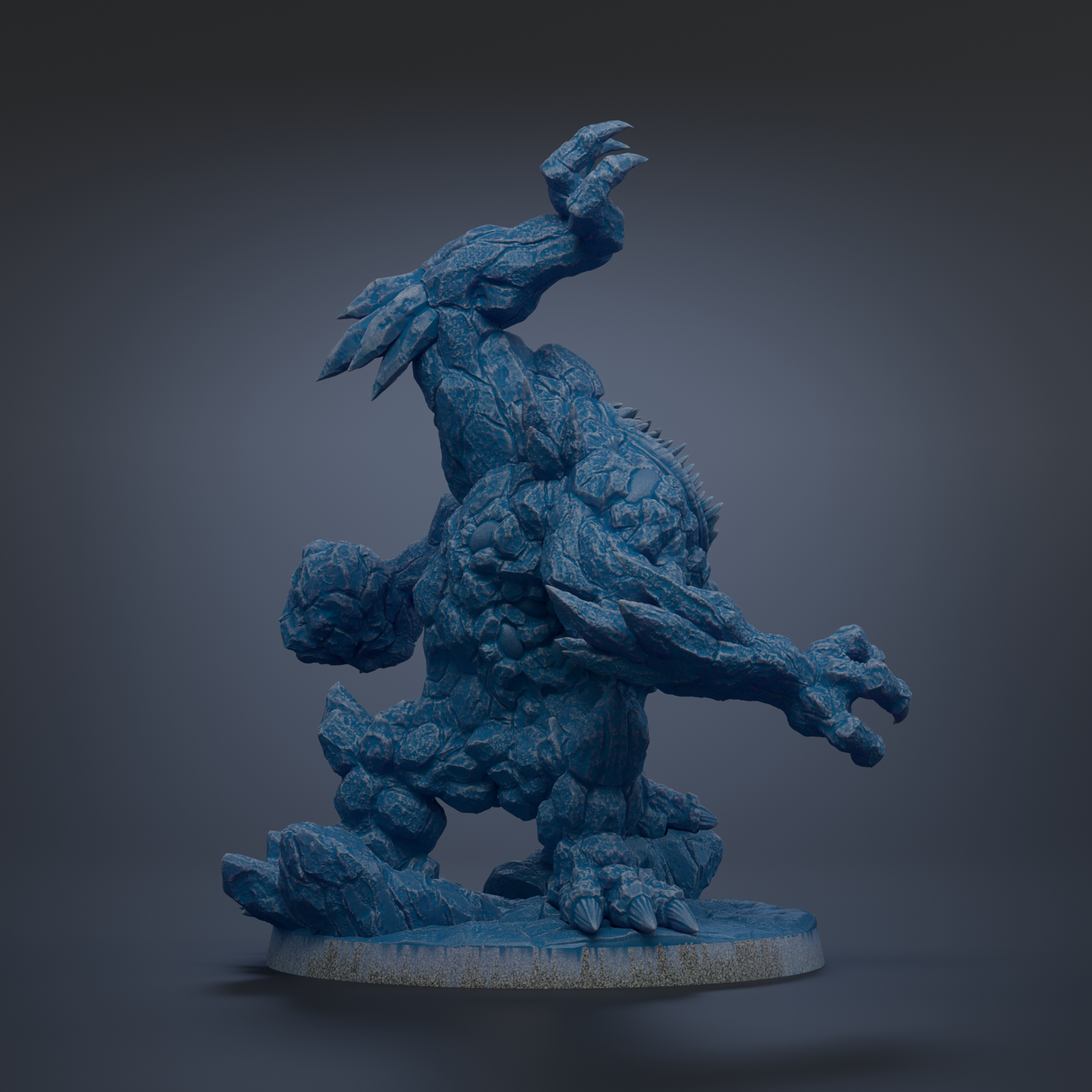 A 3D rendering of a blue, rocky-looking creature with sharp claws and a raised arm, standing on a base.
