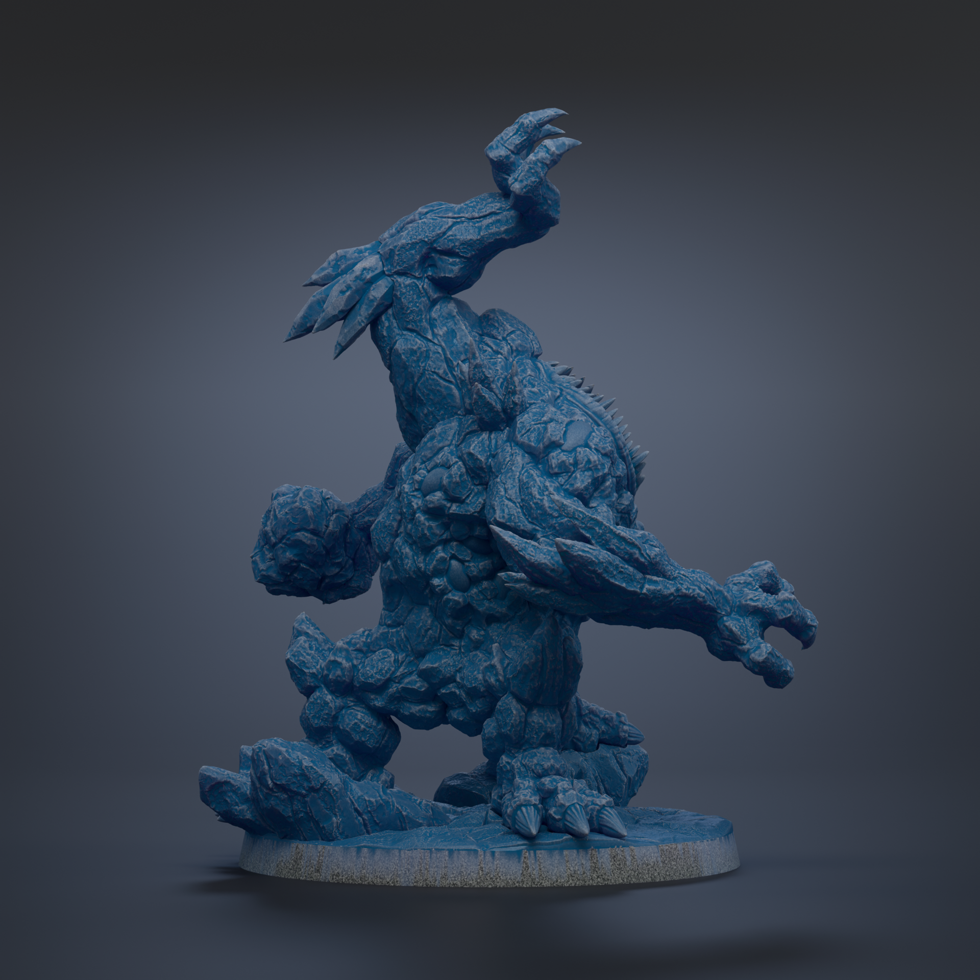 A 3D rendering of a blue, rocky-looking creature with sharp claws and a raised arm, standing on a base.
