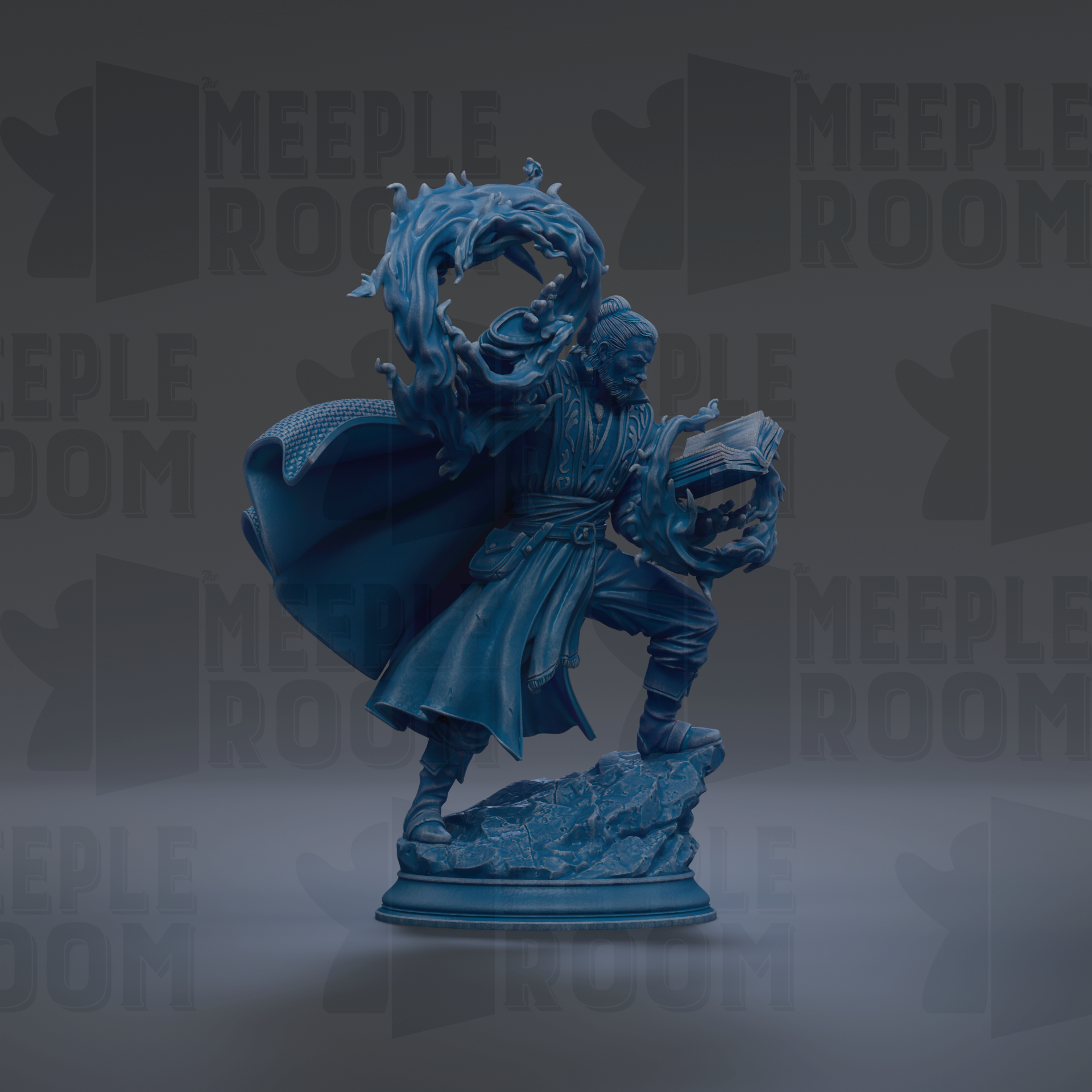 A blue statue of a person with a flowing cape and holding a book, standing on a rock.