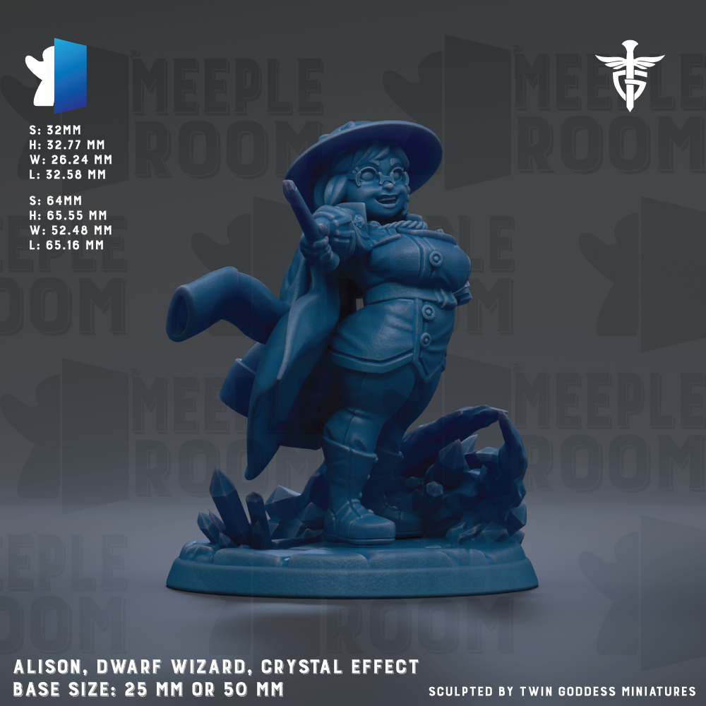 The image is a figurine of a dwarfs wizard, specifically a dwarfs wizard, with a crystal effect. The figurine is described as a base size of 25mm or 50mm. The figurine is sculpted by Twin Goddesses miniatures.