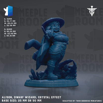 The image is a figurine of a dwarfs wizard, specifically a dwarfs wizard, with a crystal effect. The figurine is described as a base size of 25mm or 50mm. The figurine is sculpted by Twin Goddesses miniatures.
