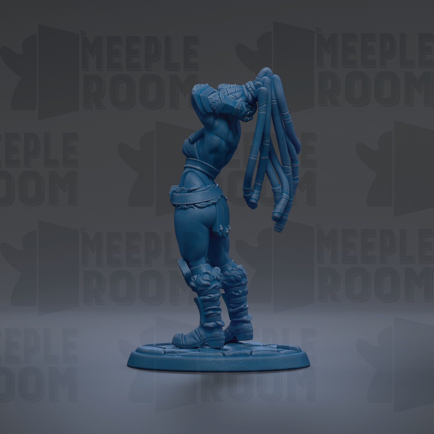 A blue figurine of a person standing on a platform, with the text "MEUPLE ROOM" repeated in the background.