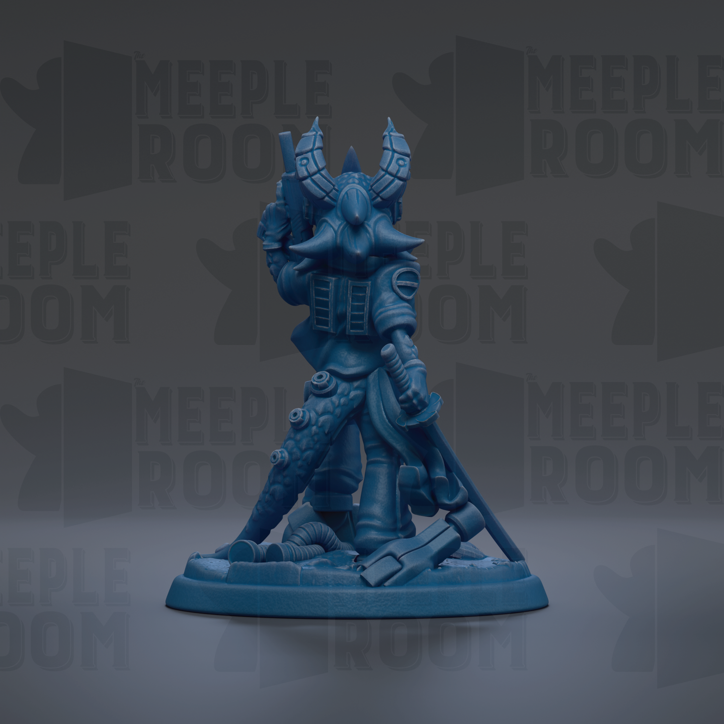 A blue figurine of a character with horns and a sword stands on a base against a dark background with repeated text.