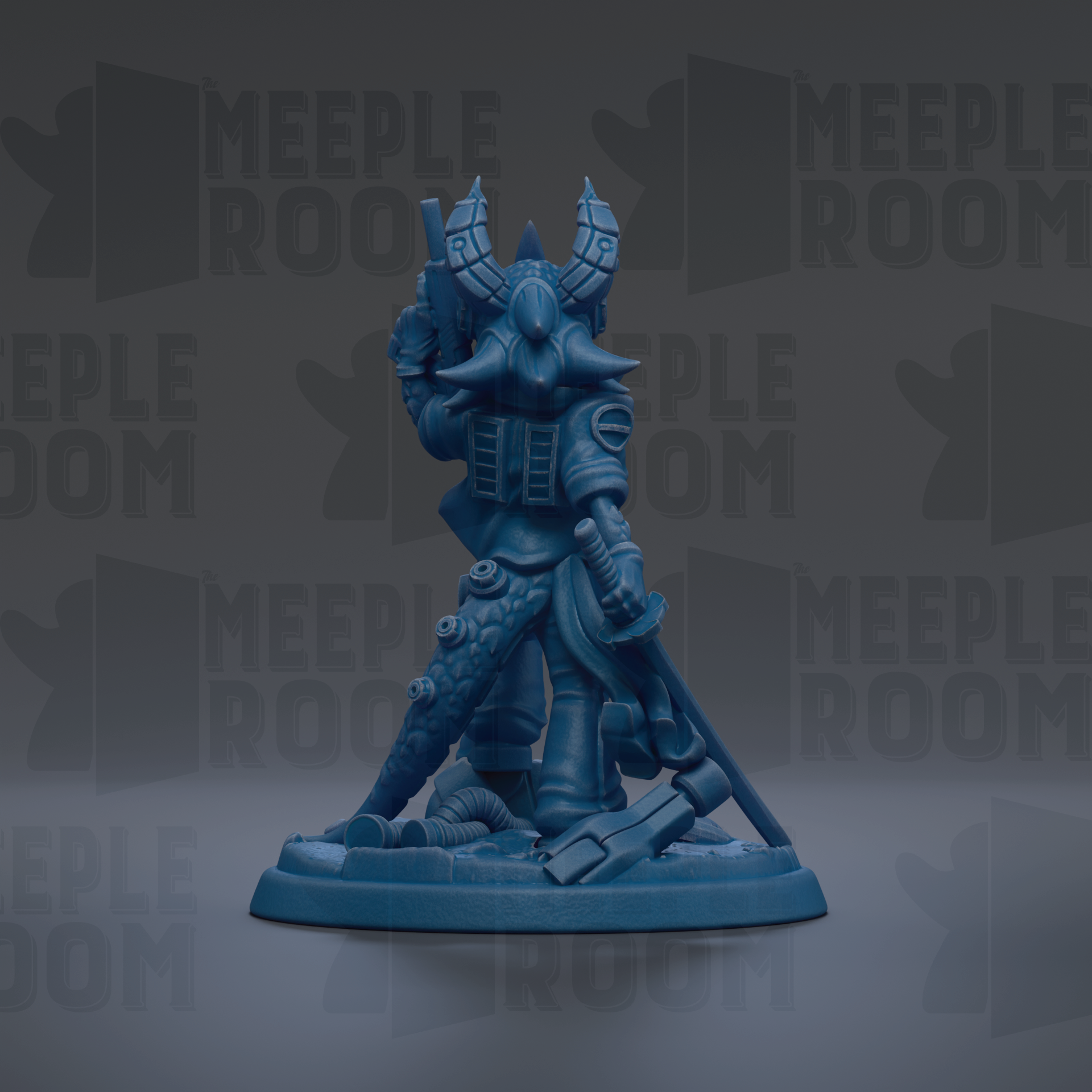 A blue figurine of a character with horns and a sword stands on a base against a dark background with repeated text.