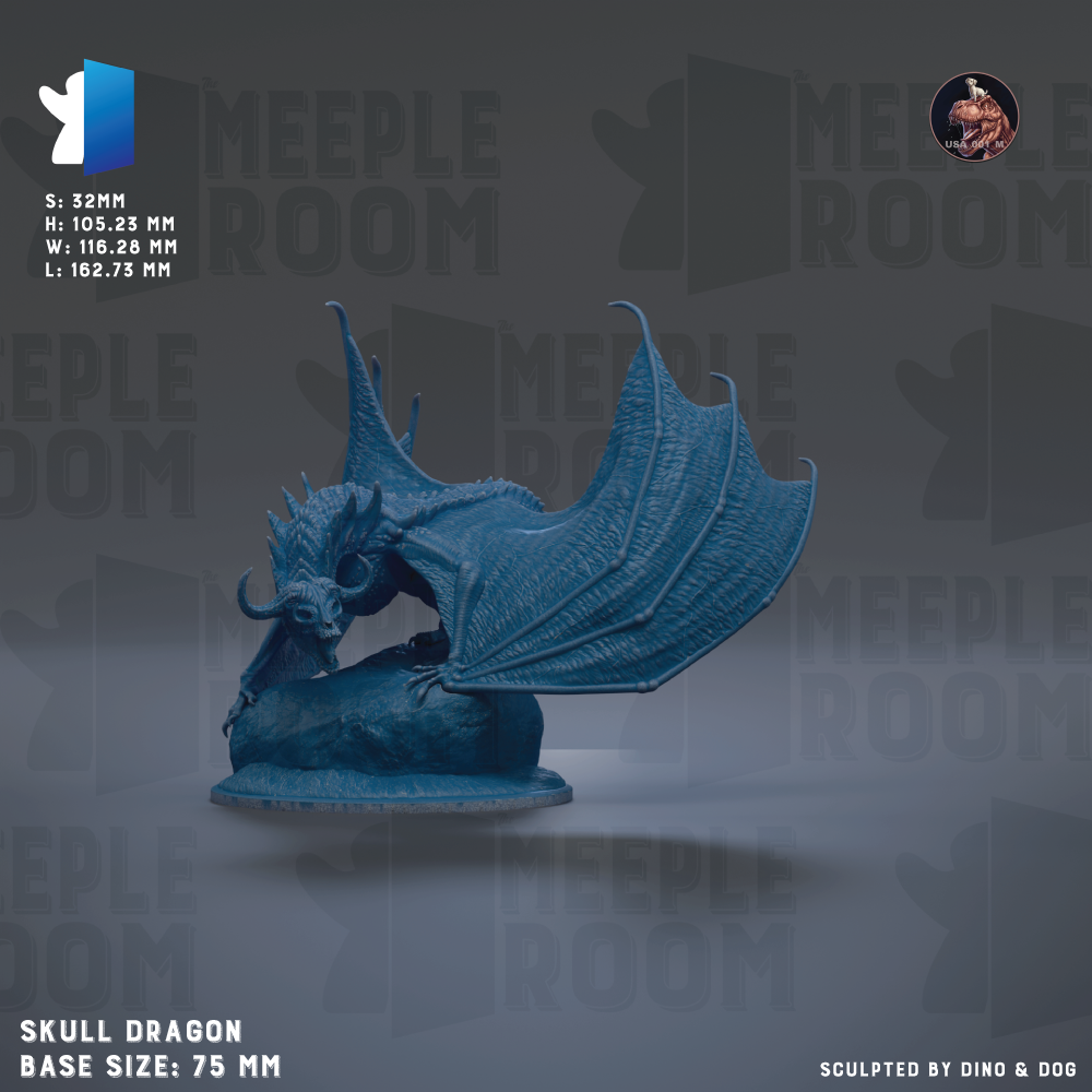 The image is a 3D model of a blue dragon statue, with the dragon's wings spread wide and its head turned to the side. The dragon is depicted in a dynamic pose, with its body oriented towards the right side of the image. The base size of the dragon is 75 millimeters. The image is a 3D rendering of the dragon, and it is not a collage of multiple images. The dragon is the sole focus of the image, and there are no other objects or text present.