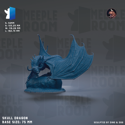 The image is a 3D model of a blue dragon statue, with the dragon's wings spread wide and its head turned to the side. The dragon is depicted in a dynamic pose, with its body oriented towards the right side of the image. The base size of the dragon is 75 millimeters. The image is a 3D rendering of the dragon, and it is not a collage of multiple images. The dragon is the sole focus of the image, and there are no other objects or text present.