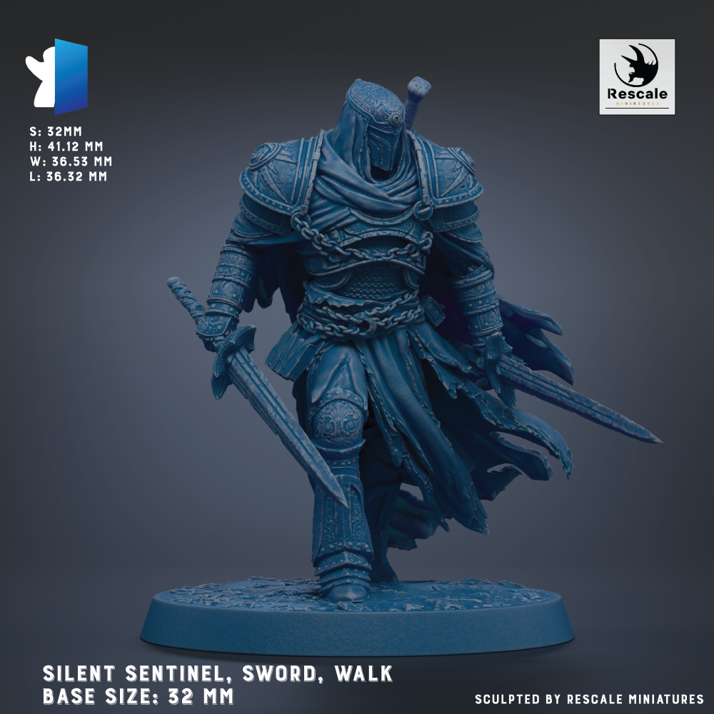 A figurine of a knight in armor, holding a sword and walking, with a dark blue color scheme.