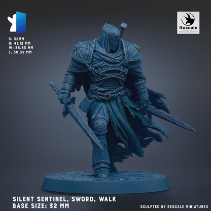 A figurine of a knight in armor, holding a sword and walking, with a dark blue color scheme.