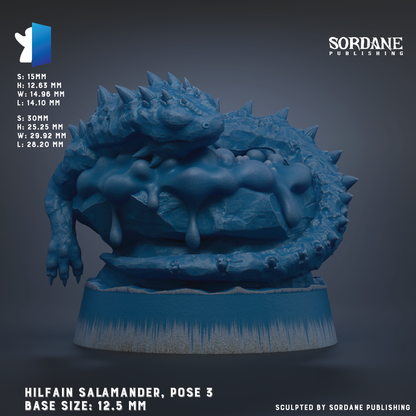 The image is a 3D rendering of a blue dragon statue, with the dragon's head and body prominently displayed. The dragon appears to be in a pose, with its head resting on a rock formation. The image is labeled with the name "Hilfain Salamander, Pose 3" and the base sizes are 12.5 mm. The image is published by Sordane Publishing.