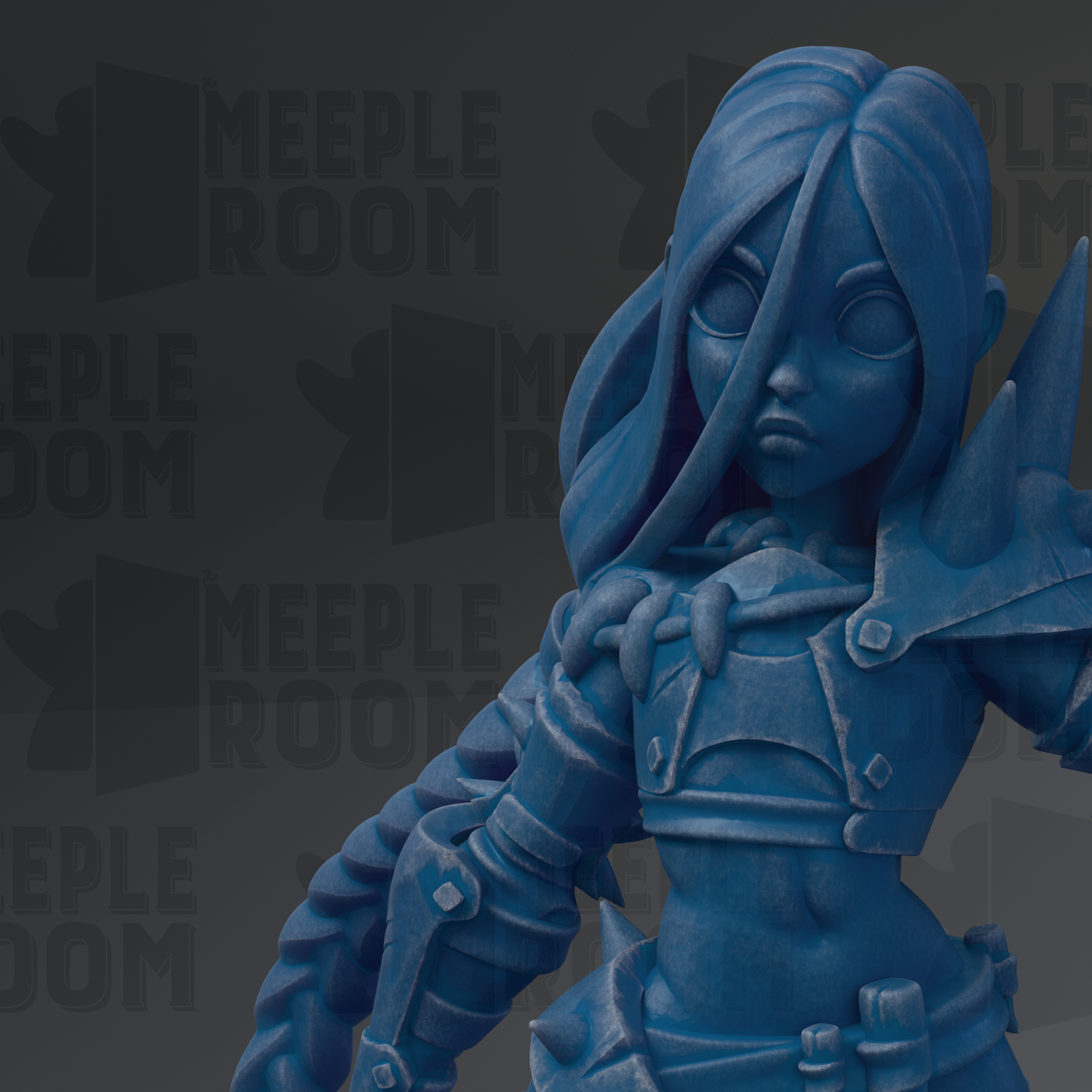 A blue figurine of a female character with long hair and a serious expression, wearing a helmet and holding a weapon.