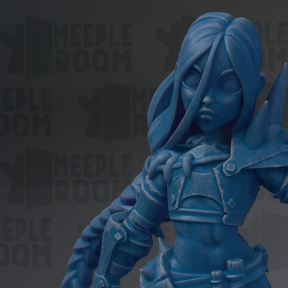 A blue figurine of a female character with long hair and a serious expression, wearing a helmet and holding a weapon.