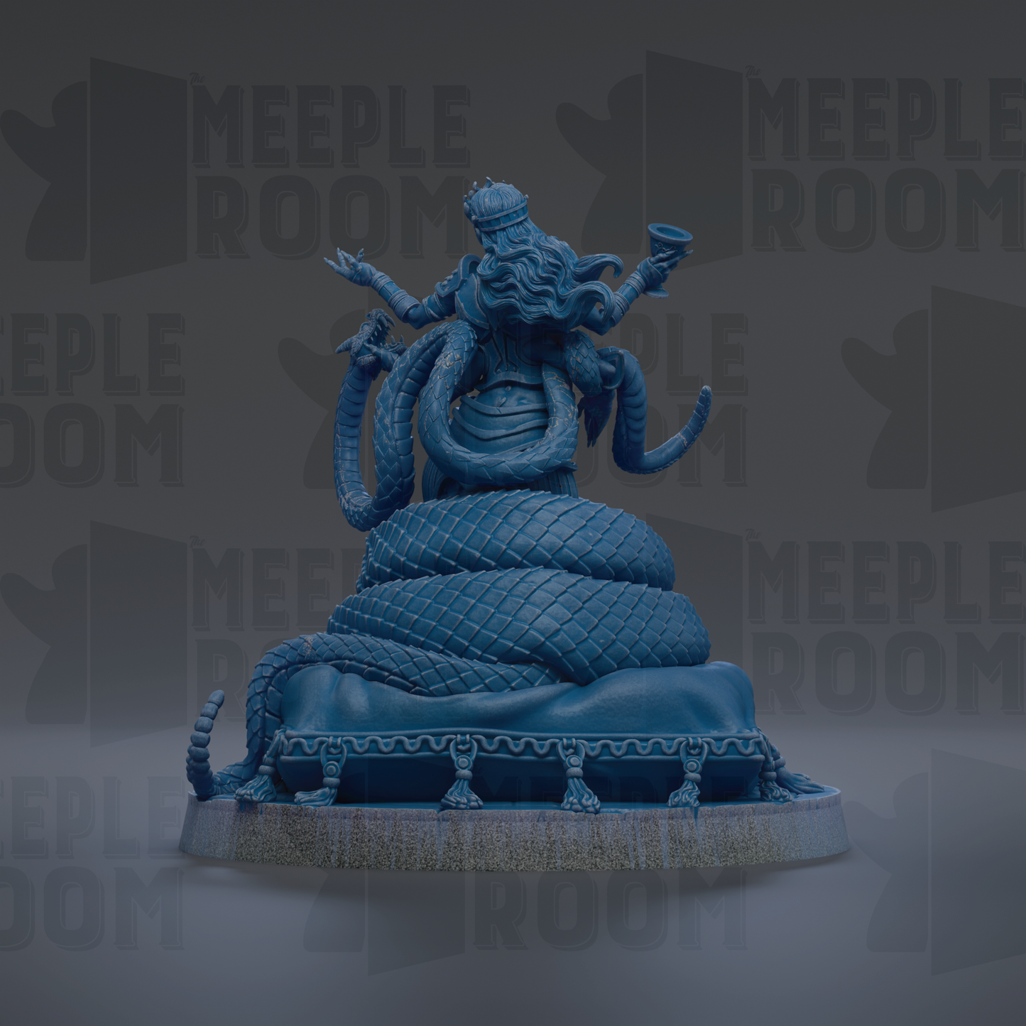 A blue statue of a deity with multiple arms and a snake-like body, standing on a pedestal.