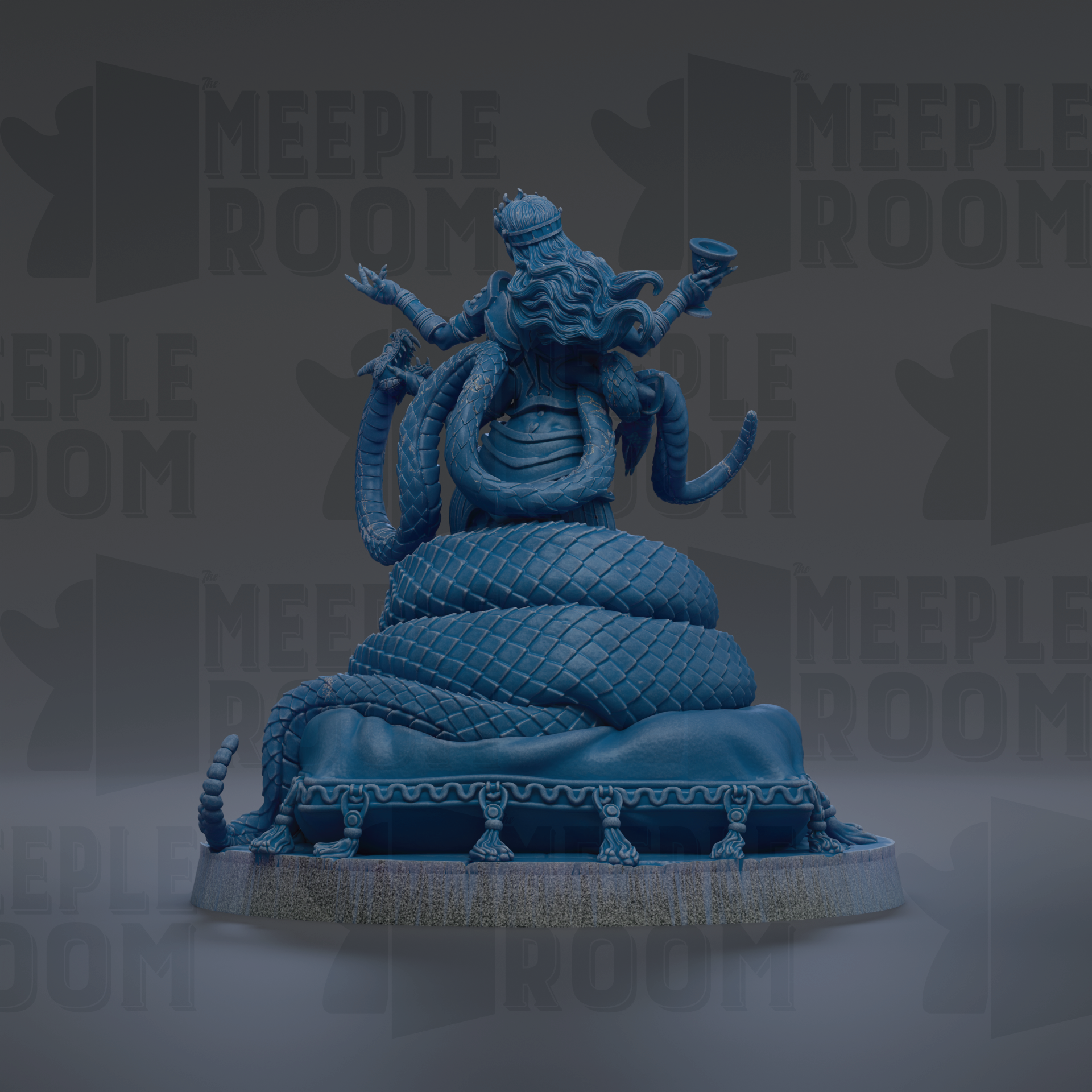 A blue statue of a deity with multiple arms and a snake-like body, standing on a pedestal.