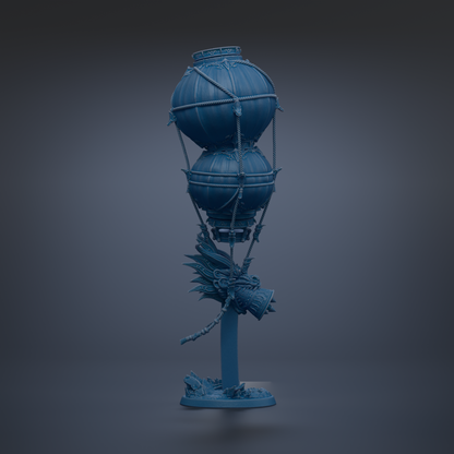 A blue, spherical object with a dragon-like design on it, standing on a base and appearing to be suspended in mid-air.