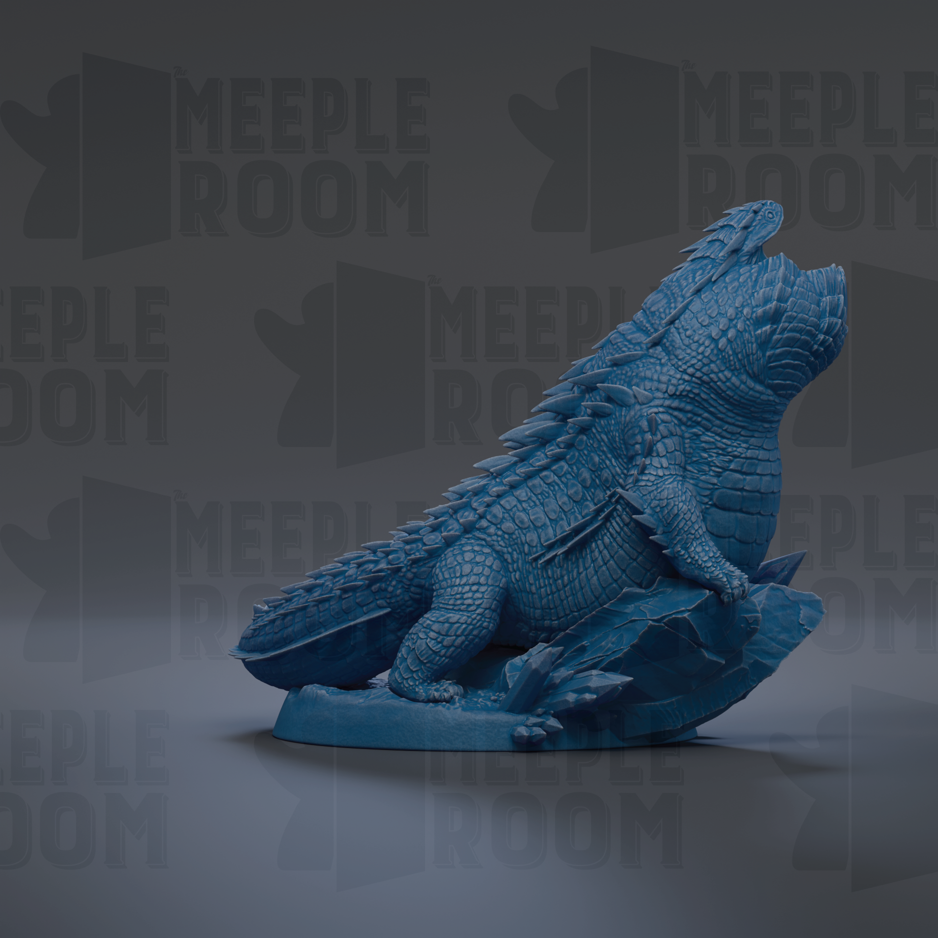 A blue, 3D-rendered crocodile figurine is shown against a dark background with repeated text.