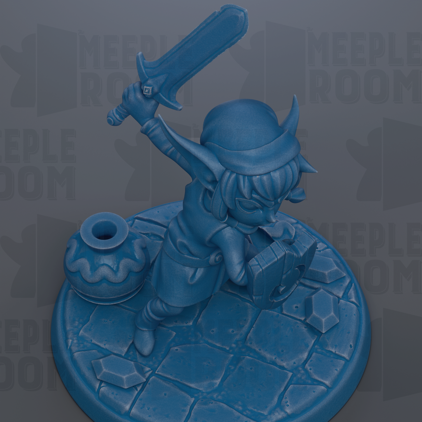 A blue figurine of a character holding a sword and shield, standing on a stone base.