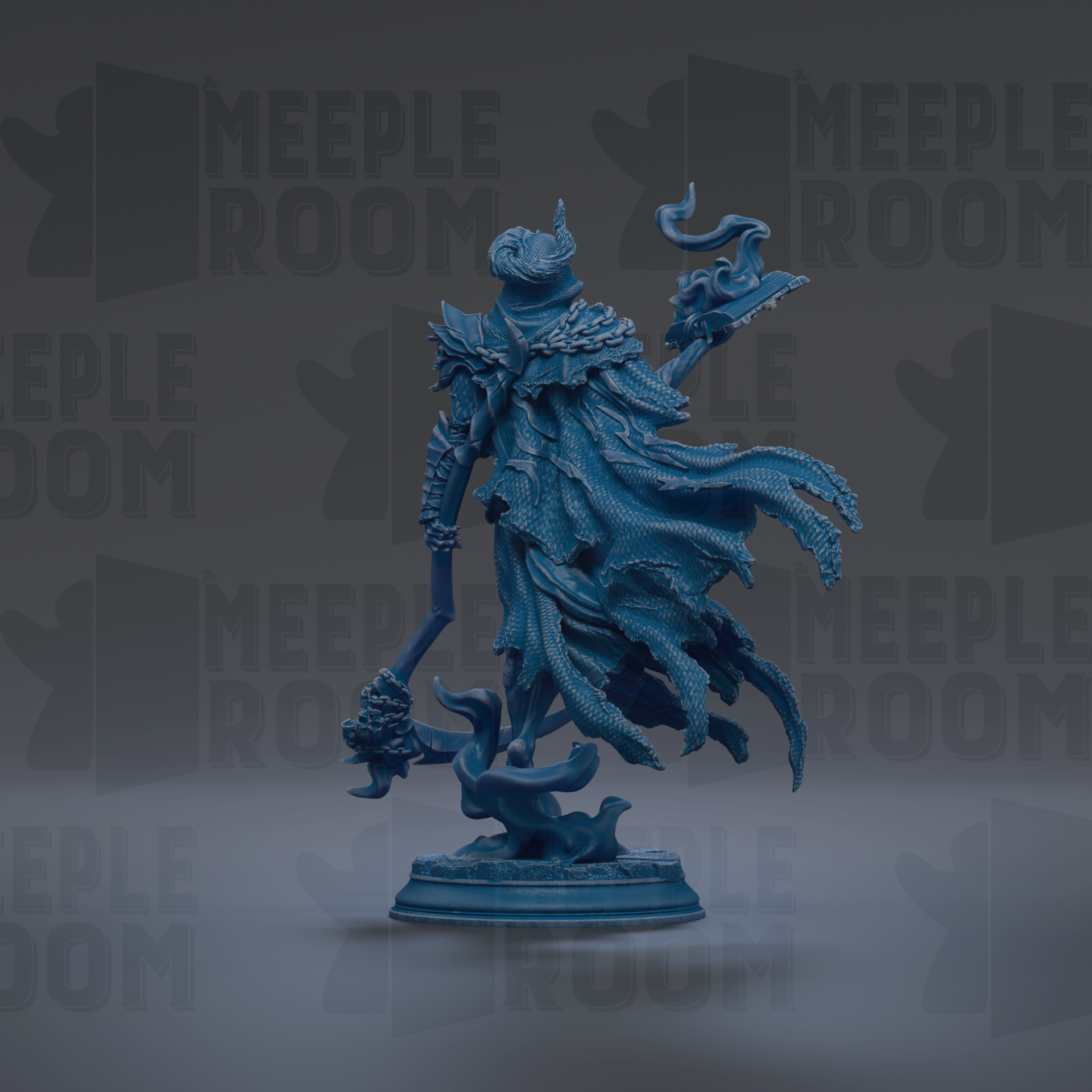A blue, fantastical statue of a winged, armored figure with a flowing cape, standing on a pedestal against a dark background with repeated text.