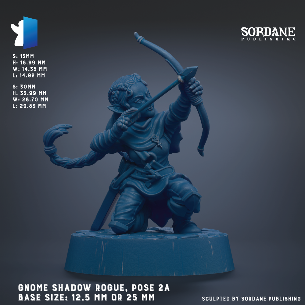 The image is a 3D rendering of a gnome-like character holding a bow and arrow, standing on a base. The base size is 12.5 mm or 25 mm, depending on the perspective. The image does not contain any text, and the focus is on the pose and the character's features.