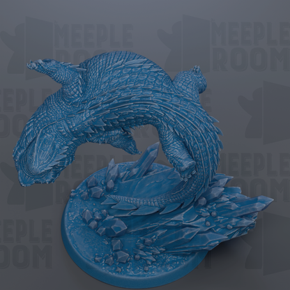 A detailed 3D rendering of a blue, fantastical creature resembling a dragon or serpent, with intricate scales and textures, set against a dark background with repeated text.