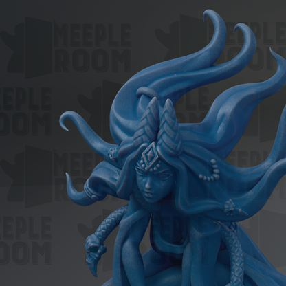 A blue, fantastical sculpture with intricate details and flowing, ethereal hair.
