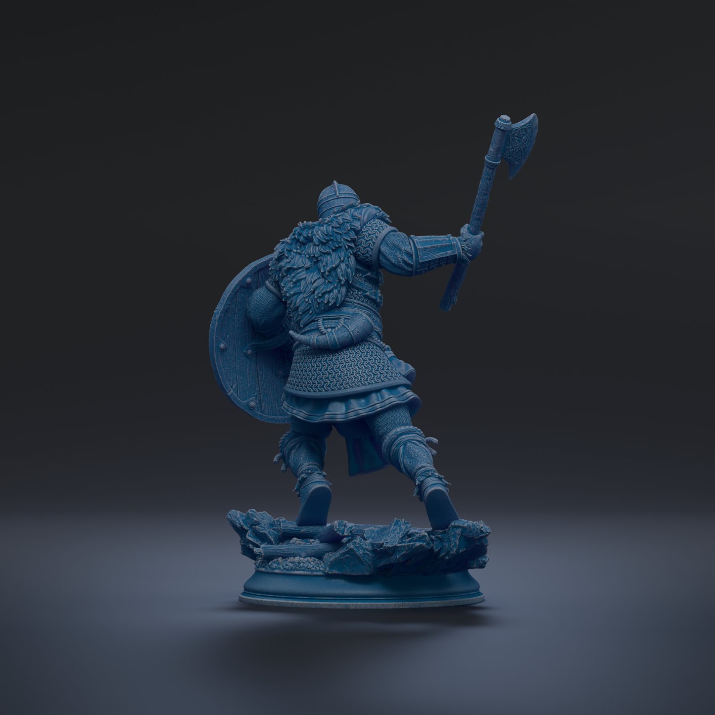 A blue armored warrior figure holding a shield and an axe, standing on a base against a dark background.